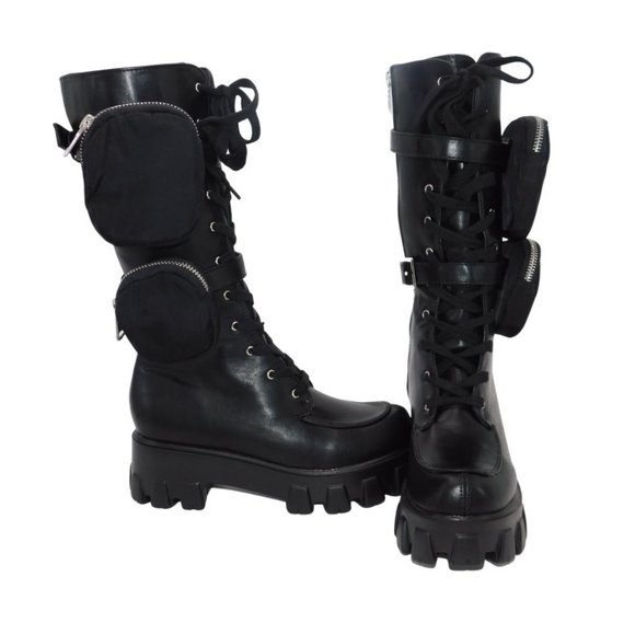 Women's Chunky Heel Combat Boots w/Dual Pouches - Picture 3 of 6